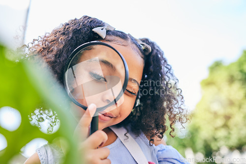 Image of Girl child, magnifying glass and leaves in garden, backyard or park in science, study or outdoor. Young female kid, lens and zoom for nature, research or check for plant, ecology or growth in summer