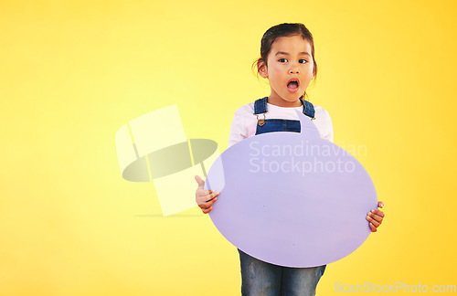 Image of Girl kid, thinking and speech bubble in studio with wow, news and mockup space by yellow background. Young female child, poster or sign for promotion, review and opinion with vote for social media