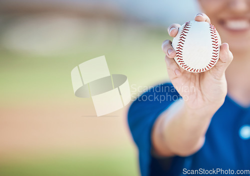 Image of Hand, ball and softball with a woman on mockup for sports competition or fitness outdoor during summer. Exercise, training and baseball with a sporty female athlete on a pitch for playing a game