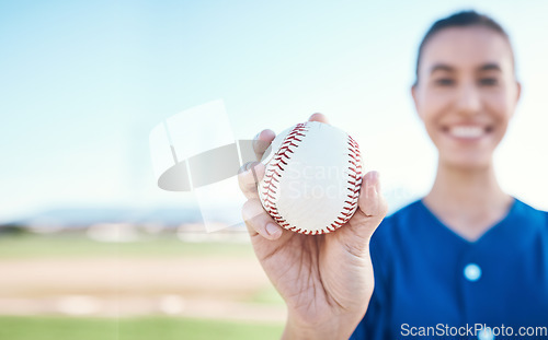 Image of Hand, ball and baseball with a woman on mockup for sports competition or fitness outdoor during summer. Exercise, training and softball with a sporty female athlete on a pitch for playing a game