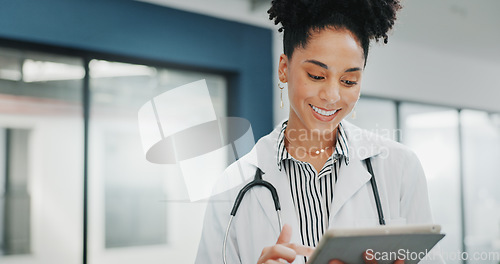 Image of Face of happy woman doctor on tablet for medical research, hospital management and telehealth service. Portrait of young black person in professional healthcare career, job or clinic on digital tech