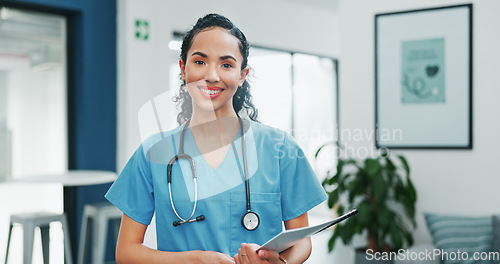 Image of Proud face of woman doctor in busy hospital for healthcare services, leadership and happy career mindset. Confident portrait of young medical professional or female nurse in clinic or health care job