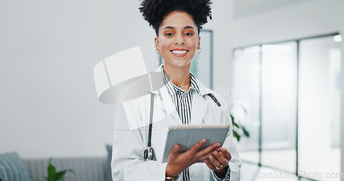 Image of Face of happy woman doctor on tablet for medical research, hospital management and telehealth service. Portrait of young black person in professional healthcare career, job or clinic on digital tech