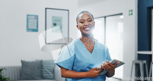 Image of Happy woman or black doctor face in busy hospital with tablet for healthcare services, leadership and mindset. Portrait of medical professional or female nurse on telehealth app for clinic management