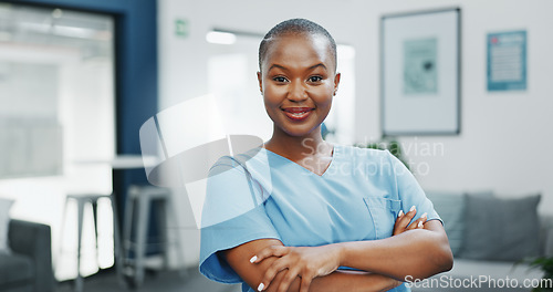 Image of Nurse, face or arms crossed in busy hospital for about us, medical life insurance or wellness support. Smile, happy or healthcare black woman in portrait, confidence trust or help medicine internship