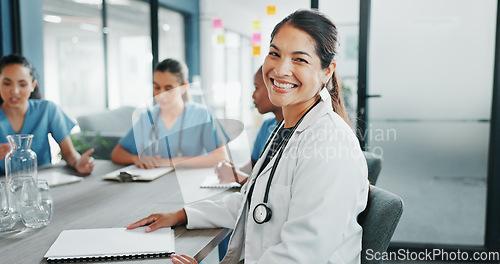 Image of Doctor, face or woman in hospital meeting leadership, medical planning or life insurance workshop for treatment idea. Smile, happy or healthcare worker portrait in teamwork collaboration or diversity