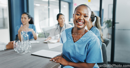 Image of Black woman, face or nurse in hospital meeting for medical planning, life insurance medicine or treatment training. Smile, happy and healthcare worker portrait in teamwork, collaboration or diversity