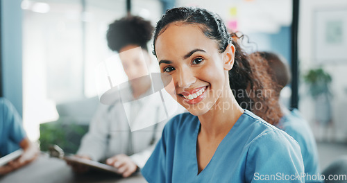 Image of Worker, face or nurse in hospital meeting for medical student, life insurance medicine or treatment training. Smile, happy or healthcare woman in portrait, teamwork collaboration or clinic planning