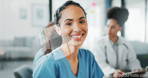 Image of Worker, face or nurse in hospital meeting for medical student, life insurance medicine or treatment training. Smile, happy or healthcare woman in portrait, teamwork collaboration or clinic planning