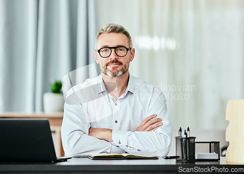 Image of Lawyer, arms crossed and portrait of business man in office for professional, planning and legal consultant. Advocate, pride and manager with mature employee for attorney, confidence and director