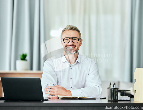 Image of Lawyer, smile and portrait of business man in office for professional, planning and legal consultant. Advocate, pride and manager with face of mature employee for attorney, confidence and director