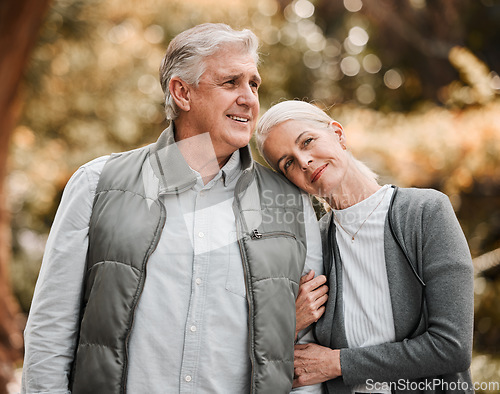 Image of Relax, love and hug with old couple in nature for bonding, happy and support. Smile, happiness and retirement with senior man and woman walking in countryside park for vacation and commitment