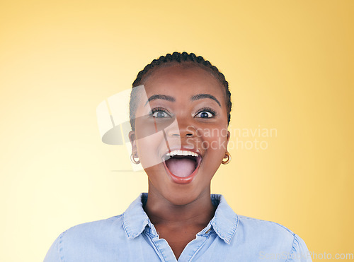 Image of Surprise, wow or portrait of excited black woman on yellow background with smile for discount deal in studio. Happy, face or excited person shocked by sale offer, success or winning lottery jackpot