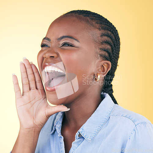 Image of Shouting, announcement black woman in studio with motivation and voice from deal. Yellow background, female person and secret with big news and excited from advertising, marketing and promotion deal