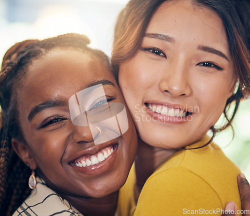 Image of Face, happy and lesbian couple hug in home, bonding and having fun together. Portrait smile, gay and women embrace in love, care or respect, trust and support in commitment, loyalty and interracial