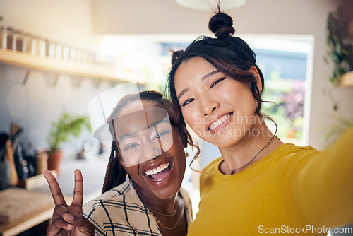 Image of Happy, friends and selfie with women and peace sign for social media, relax and diversity. Smile, happiness and profile picture with portrait of people at home for content creator and influencer