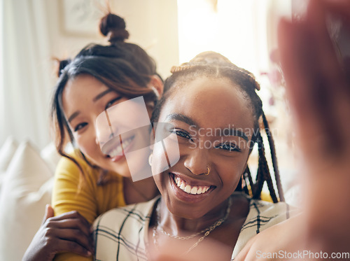 Image of Happy, friends and selfie with woman in living room for social media, relax and diversity. Smile, happiness and profile picture with portrait of people at home for content creator and influencer