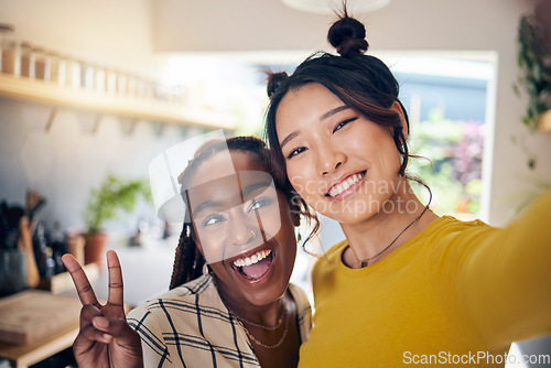 Image of Peace sign, friends and selfie with woman in living room for social media, relax and diversity. Smile, happiness and profile picture with portrait of people at home for content creator and influencer
