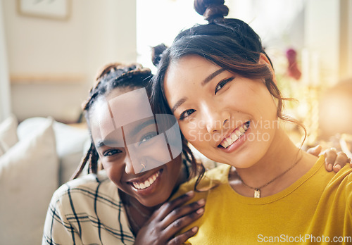 Image of Happy, friends and selfie with women and hug on sofa for social media, relax and diversity. Smile, happiness and profile picture with portrait of people at home for content creator and influencer