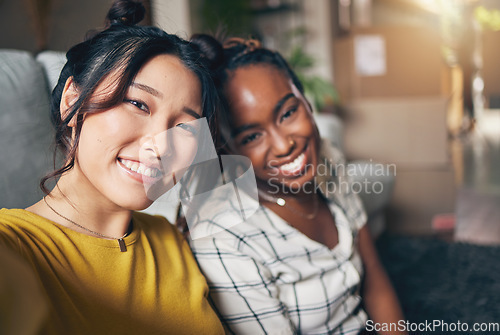 Image of Relax, friends and selfie with women in living room for social media, happy and diversity. Smile, happiness and profile picture with portrait of people at home for content creator and influencer