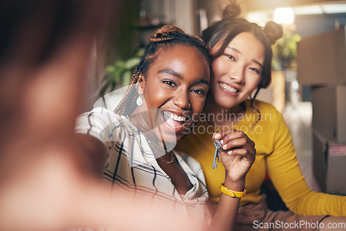 Image of Selfie, couple of friends and keys to new home or moving in together for real estate investment. Rent, mortgage and loan of excited gay women with smile for social media portrait at apartment house