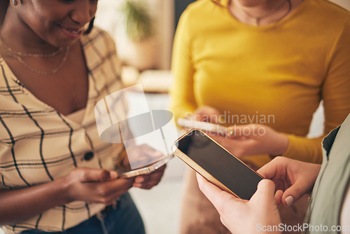 Image of Hands, phone screen and women, typing in chat and friends relax at home, social media and communication. Technology, mobile app and online with internet search, people texting and email with network