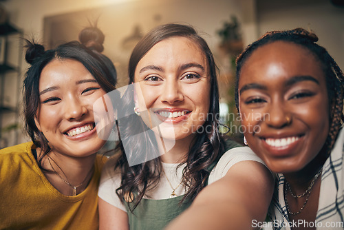 Image of Happy, friends and relax with women and selfie for social media, post and diversity. Smile, happiness and profile picture with portrait of people at home for content creator and influencer together