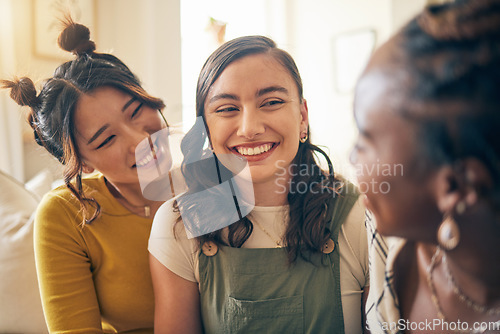 Image of Girl friends, happy conversation and home with care, bonding or connection in living room on holiday. Gen z women, students and relax together in lounge, apartment and chat with smile, talk or memory