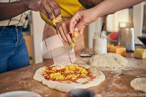 Image of Hands, cheese and pizza for cooking, together and ready for fast food, restaurant or helping with skill in Naples. Chef woman, dough and tomato sauce for cuisine, culture and preparation with process