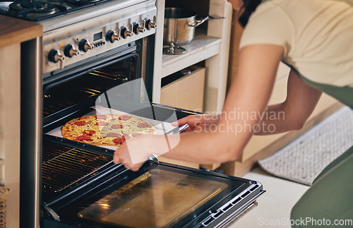 Image of Hands, open oven and pizza baker for food, restaurant and fast food with skill in home kitchen for baker in Naples. Chef woman, dough and pepperoni pie for cuisine, culture and preparation process