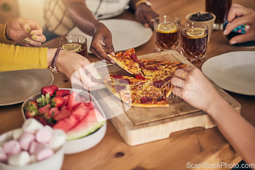 Image of Food, drinks and pizza, hands with people, dinner on wooden table with snacks for eating and nutrition. Italian cuisine, fruit and sweets with social gathering, meal together and hungry with party