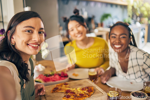 Image of Friends, selfie and pizza with women in kitchen for happy, social media and fast food. Smile, profile picture and post with portrait of people at home for party, celebration and photography together