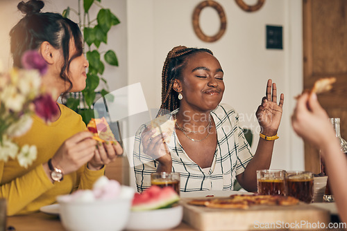 Image of Food, drinks and pizza party, women and dinner, friends and fun with eating and nutrition at home. Italian cuisine, fruit and sweets with social gathering, happy and young people have meal together