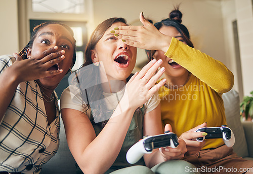 Image of Friends, women and gaming on tv, wow in home living room and smile, shocked and having fun. Television, girls and surprise on video game on couch, esports competition and excited in interracial house