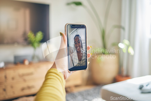 Image of Phone, wave and black woman on video call in portrait, communication and conversation. Smartphone hand, hello and happy person in webinar, virtual and online meeting, face and pov discussion in house