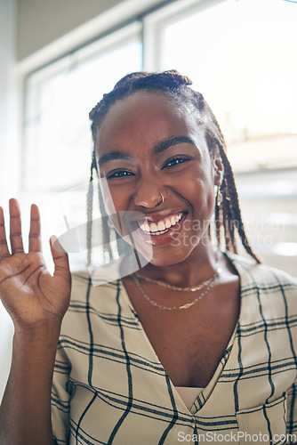 Image of Portrait, wave and black woman on video call, communication and conversation at home. Face, hello and happy person in webinar, virtual chat and online meeting, pov greeting and welcome in remote work