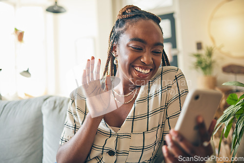 Image of Wave, phone and black woman on video call in home, communication and conversation. Smartphone, hello and happy person in webinar, virtual chat or online meeting, welcome and greeting on sofa in house