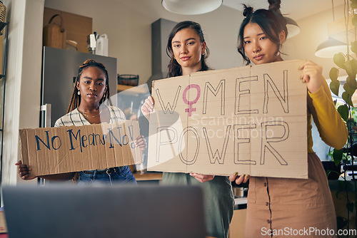 Image of Women group, poster and prepare for protest, portrait or support for diversity, empowerment or goal in home. Girl friends, cardboard sign or ready with billboard for justice, human rights or equality