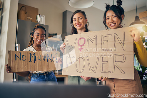 Image of Women, poster and preparation in home for protest, portrait or support for diversity, empowerment or goals. Girl friends, cardboard sign or ready with billboard for justice, human rights or equality