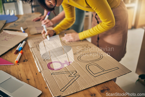 Image of Women group, poster and writing for protest, hands and support for diversity, power and goals in home. Girl friends, cardboard sign and design with billboard for justice, human rights and inclusion