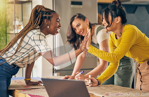 Image of Women group, writing and sign for protest, high five or support for diversity, power or goals in home. Girl friends, cardboard poster and design for billboard for justice, human rights or celebration