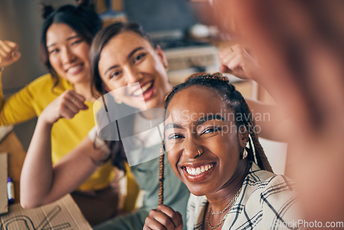 Image of Women, friends and selfie with strong arm flex at home bond, fun and relax at home. Portrait, happy and feminist influencer people with diversity smile for social media, blog or vlog profile picture