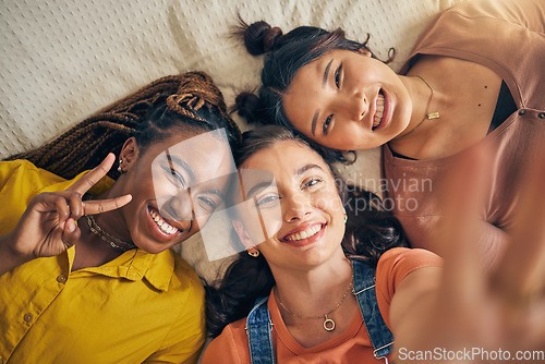 Image of Happy, friends and peace sign with women and selfie for social media, relax and diversity. Smile, happiness and profile picture with portrait of people at home for content creator and influencer