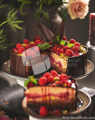 Image of Still life of layered mousse chocolate cake