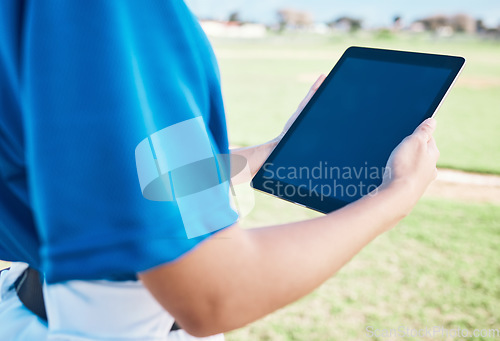 Image of Closeup, baseball or outdoor with a tablet, screen or social media with connection, athlete or fitness. Person, hands or player with technology, online game plan or internet for sports website update