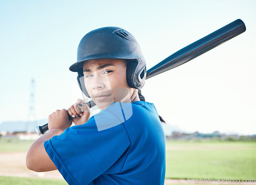 Image of Baseball, portrait and a person with bat outdoor on pitch for sports performance or competition. Professional athlete or softball woman for swing, commitment or fitness for game, training or exercise