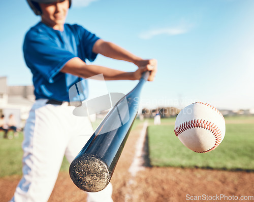 Image of Baseball, hit and person on field for training, sports or fitness competition outdoor. Closeup of pitcher, ball or bat by softball player with power strike at stadium for action, speed or performance