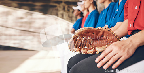 Image of Sports, hand and athlete with a glove for baseball, watching game and team together. Fitness, training and a pitcher or person with gear for a competition, professional contest or ready for a match