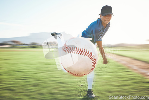 Image of Person, baseball and pitching a ball outdoor on a sports pitch for performance and competition. Professional athlete or softball player throw for a game, training or exercise challenge on a field