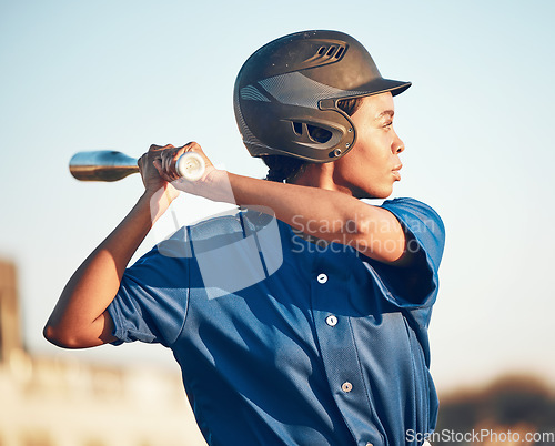 Image of Game, baseball player or black woman with a bat, exercise or training with power strike, hit or swing. Person, sports or athlete in club competition, practice match or softball with fitness or health